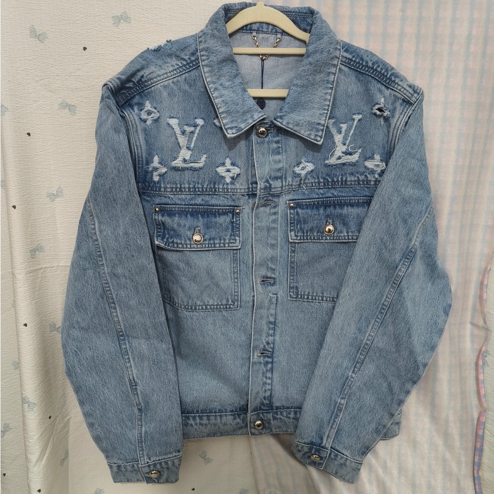 Louis Vuitton Light Blue Distressed Denim Jacket with Monogram
